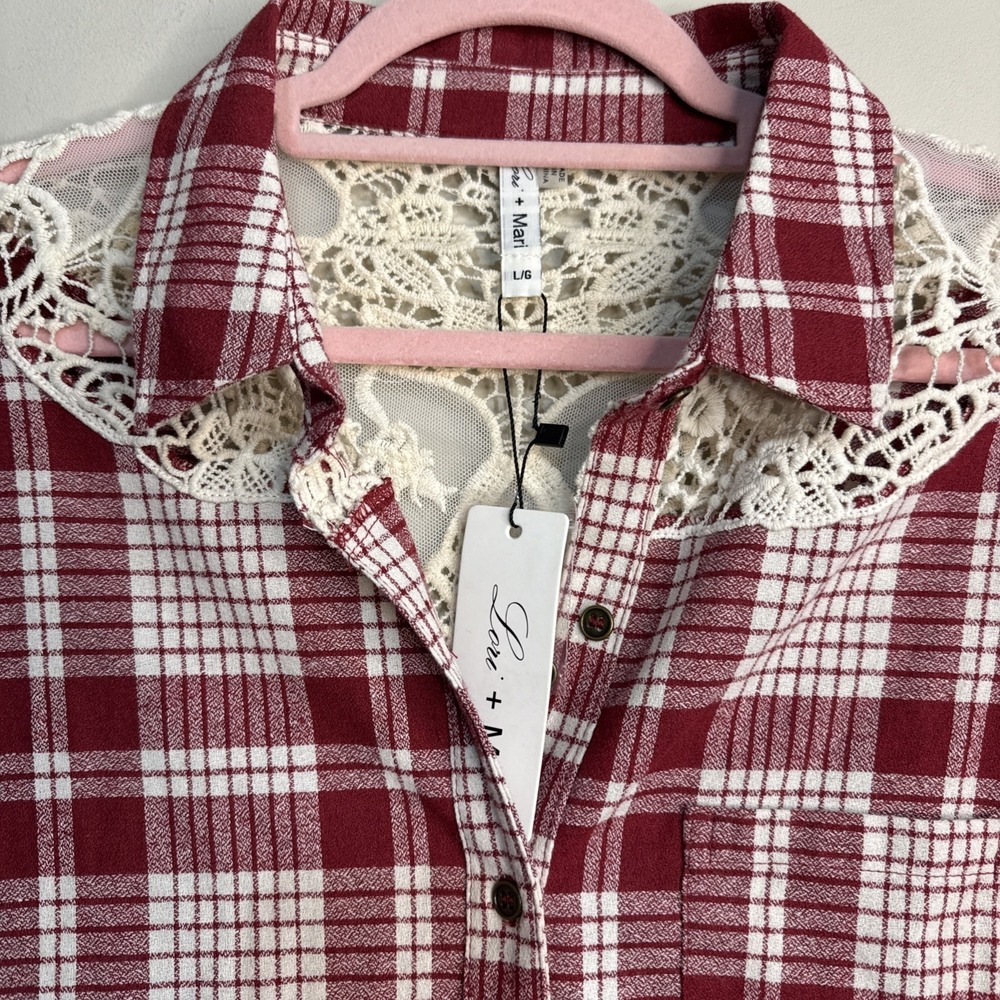 Lori + Mari Red Plaid Lace Yoke Shirt Cowgirl Western Button Down NWT L - Picture 2 of 14